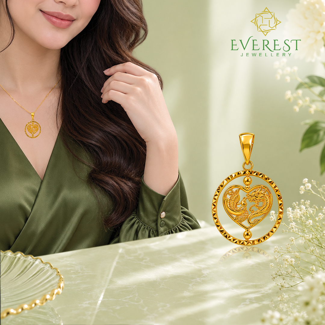 916 Yellow Gold Double Phoenix Heart Pendant