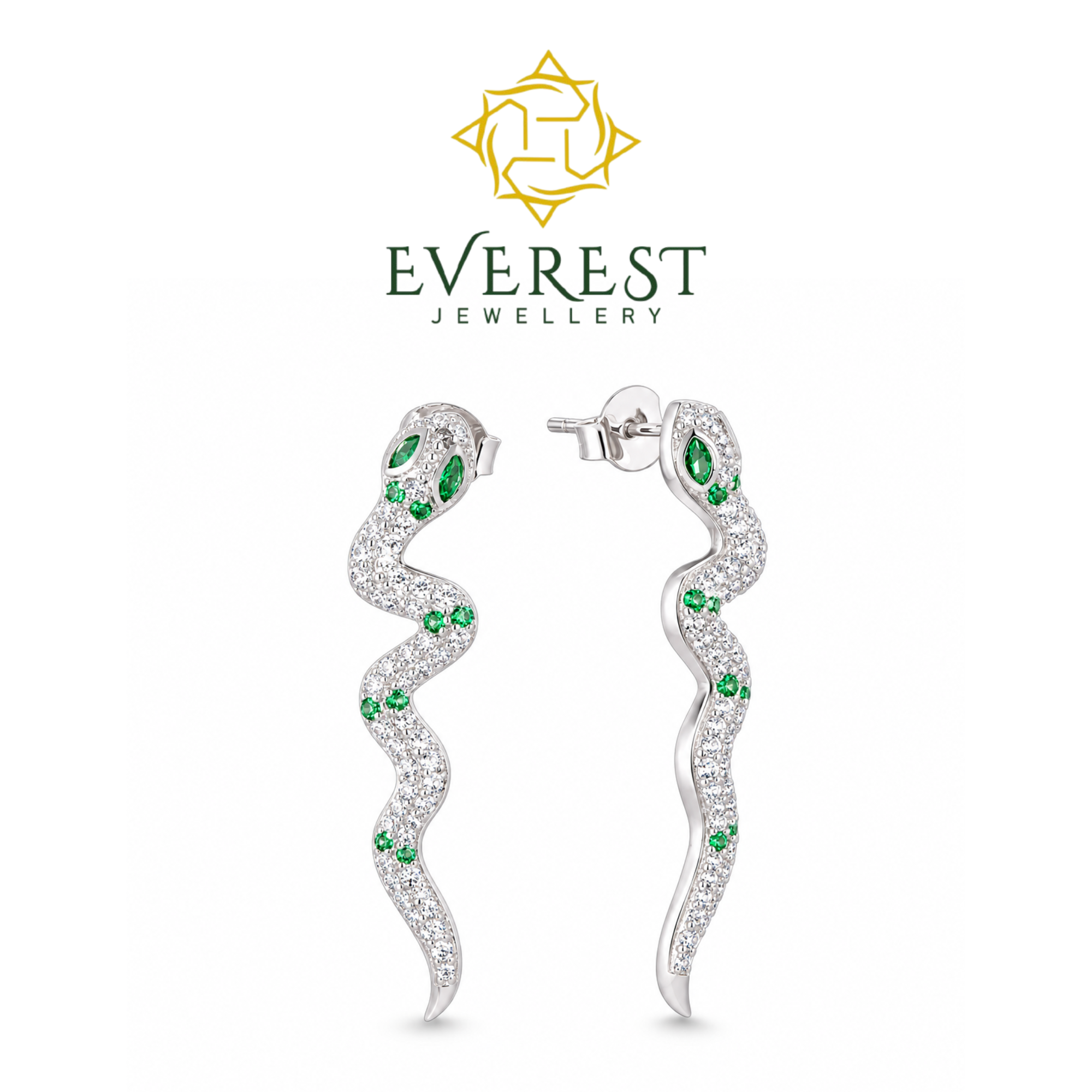 brilliant CZ & Emerald Serpent Earrings
