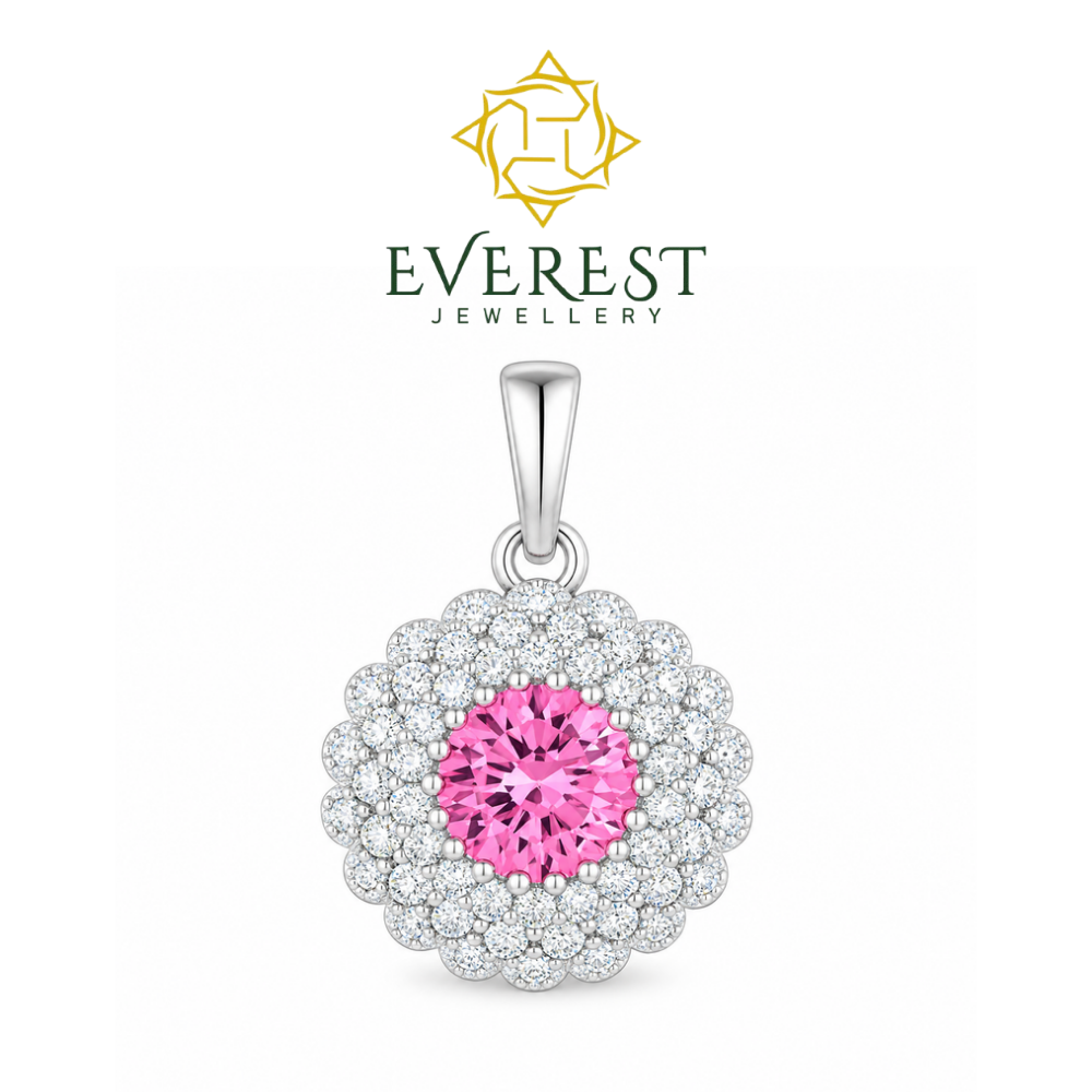 Elegant Pink Sapphire & brilliant CZ Halo Pendant
