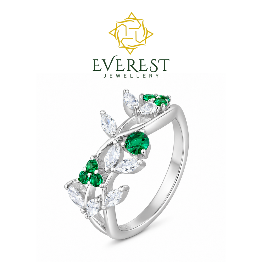 “Enchanted Bloom” Emerald & brilliant CZ Leaf Ring