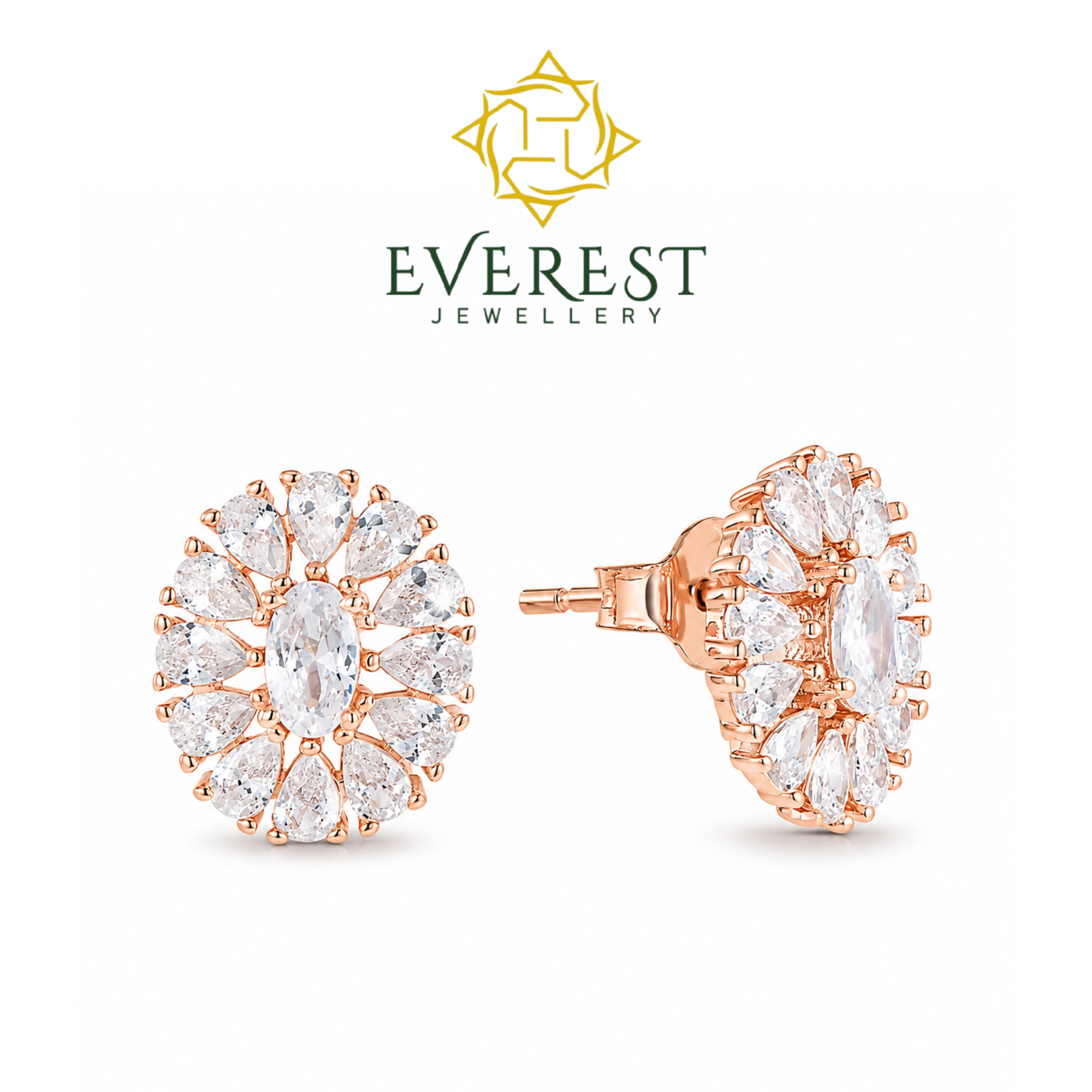 “Radiant Halo” Diamond Cluster Stud Earrings  white, rose, or yellow silverwith brilliant CZ(G)