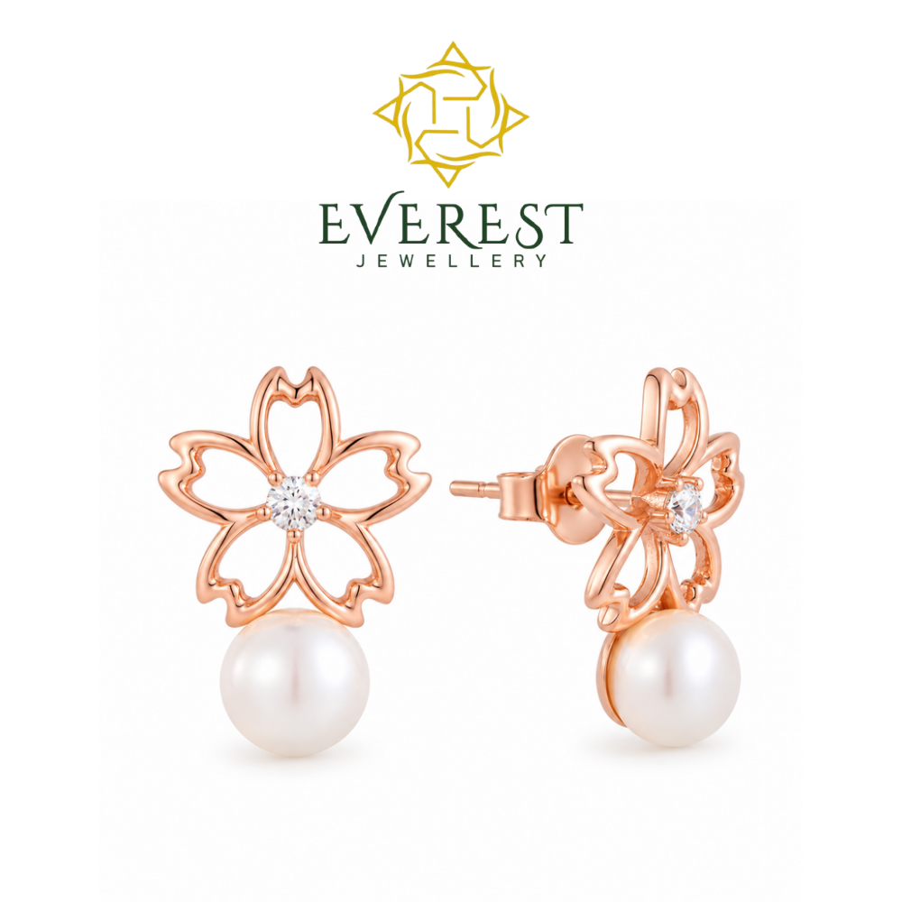 Sakura Blossom & Pearl brilliant CZ Stud Earrings